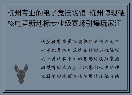 杭州专业的电子竞技场馆_杭州惊现硬核电竞新地标专业级赛场引爆玩家江湖